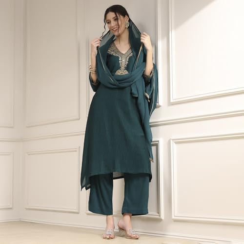 Biba Women Green Polyester Straight Yarndyed Suit Set_40