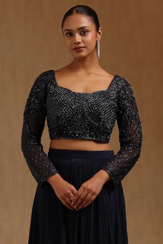 Soch Womens Navy Blue Spandex Solid Ready To Wear Saree