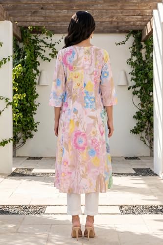 W for Woman Pink Bold Floral Printed Pure Cotton A-line Kurta with Straight Pants Set - (WS14520K-128159-XXL)
