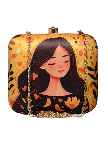 Artklim Yellow Girl And Birds Printed Clutch