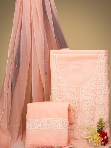 Ada Hand Embroidered Lucknowi Chikankari Unstitched Cotton Dress Material Suit Piece with Dupatta for Women 01A821973 Peach