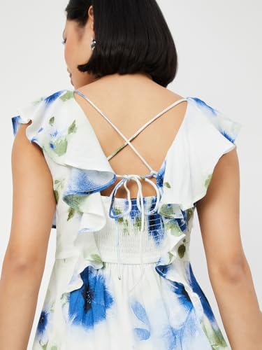 Max Women Floral Print A-line Midi Dress(White_M)