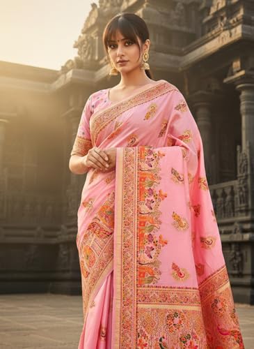 Glory Sarees Women's Pashmina Dola Silk Lagdi Patta Saree With Blouse Piece (Pashmina_Silk106_Pink)