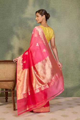 Taneira Pink Pure Silk Organza Kadwa Banarasi SareeWith Unstitched Blouse(SAIH01AD6178-Pink)