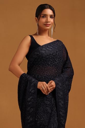 Soch Womens Navy Blue Georgette Botanical Saree With Stone Work