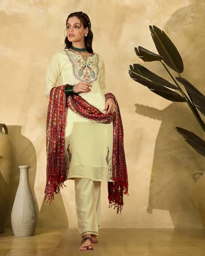 SheWill Kurta Set for Women Off White Silk Blend Zari Sequence Thread Embroidered Kurta with Pant and Dupatta