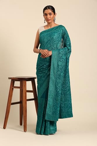 MOHEY Women's Georgette Embroidered Rhinestone Embellished Saree(Green)