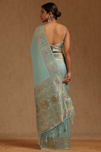 Soch Womens Turquoise Blue Silk Blend Zari Woven Saree With Zari Woven