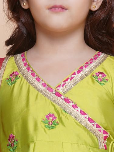 Bitiya By Bhama Girls Green Floral Embroidered Angrakha Kurta with Trousers & Dupatta(TKS166)