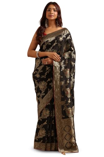 Soch Womens Black Satin Botanical Zari Woven Saree