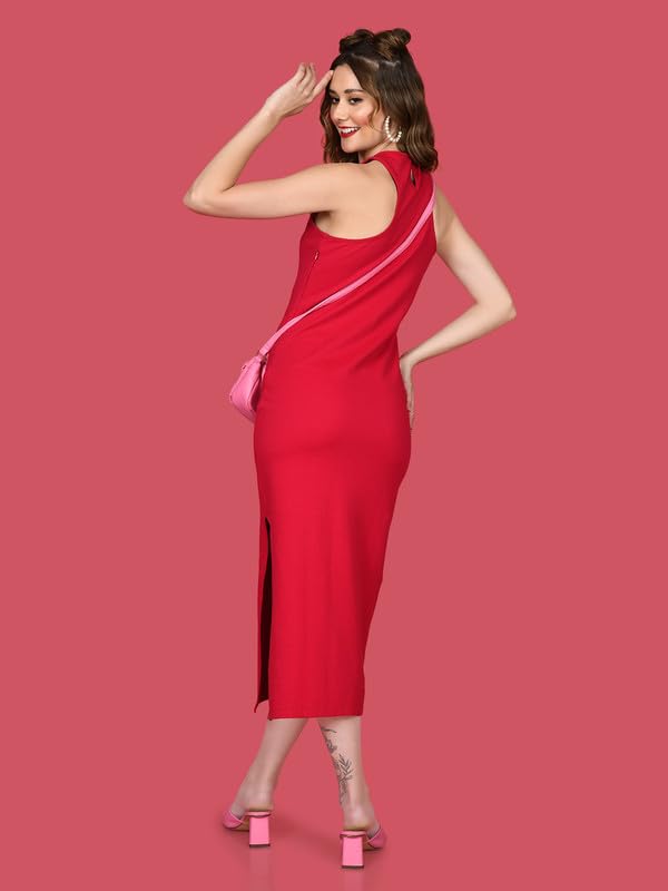 Zink Z Women's Red Solid Fitted Midi Dress