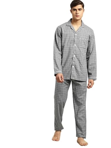 Hancock Men Cotton Checked Pyjama Set Grey Size M