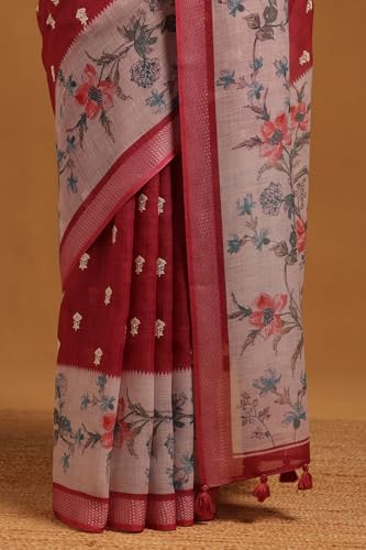 Soch Womens Onion Pink Linen Botanical Saree
