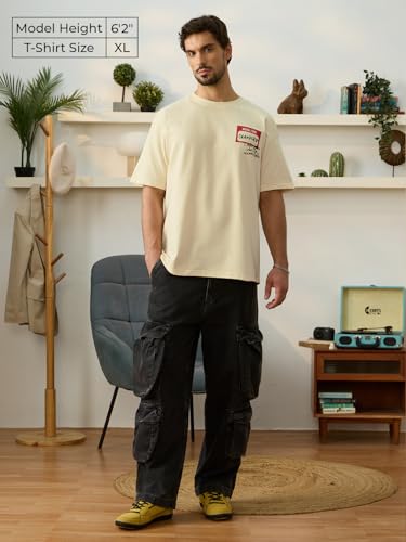 The Souled Store Friends: Chandler Bing Men and Boys Short Sleeves Round Neck Beige Graphic Printed Cotton Oversized T-Shirts