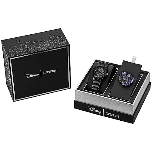 Citizen Stainless Steel Women's Eco-Drive Disney Villian Ursula Crystal Analog Watch And Pin Gift Set In Black Ion Plated Analog Watch, Black Dial (Model: Ga1075-68W), Black, 5 1/2 Inches, Modern