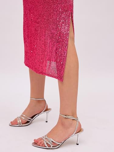 Sassafras Women Fuchsia Sequin Round Neck Side Slit Midi Dress L