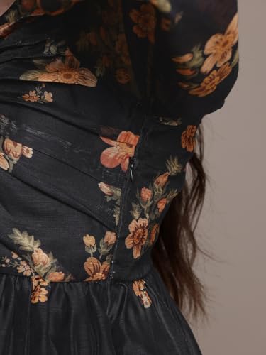 Label RITU KUMAR V Neck Full Sleeves Printed Long Dress Black
