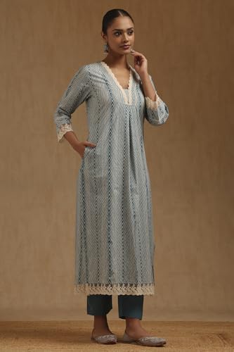 Soch Womens Teal Cotton Chevron Kurta Set