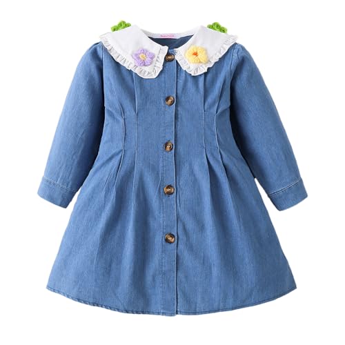 Hopscotch Girls Blue Full Sleeves Floral Applique Denim Casual Dress for Age (4-5 Years)