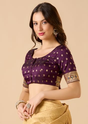 S SALWAR STUDIO Brinjal Paithani Silk Round Neck Readymade Blouse Violet