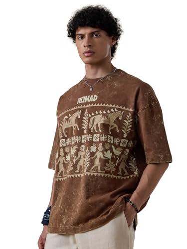 The Souled Store Nomad: Brown Men and Boys Short Sleeves Round Neck Brown Ethnic Graphic Casual Drop Shoulder Streetwear Trendy Cotton Super Oversized T-Shirt