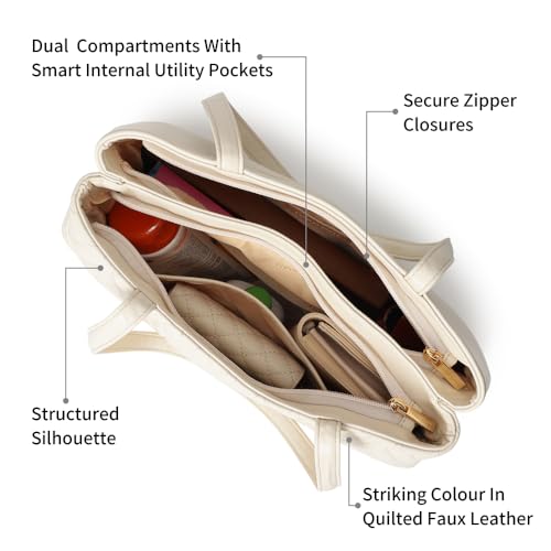 Fastrack GridGlam white Shoulder Bag | Faux-Leather Women’s Handbag | Quilted Shoulder Bag with Dual Zipper Compartments