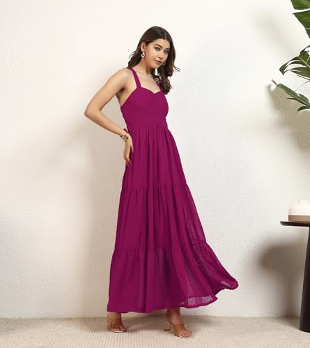 DEEBACO Women's Georgette Dobby Strappy Tiered Maxi Dress|Sleeveless|Sweetheart Neck|Casual Trending Fashion Long One Piece Dresses Women Western(DBDR00002280_M_Magenta)