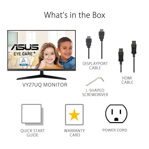 ASUS Eye Care Monitor 27" 4K (VY27UQ) - UHD (3840 x 2160), IPS, HDR10, Adaptive Sync, Eye Care Plus, Display Port, HDMI, Speaker, DisplayWidget, Blue Light Filter, Flicker Free, Warranty 3