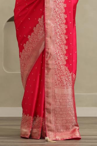 Soch Womens Fuchsia Satin Botanical Zari Woven Saree