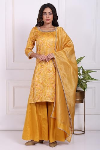 W for Woman Yellow Floral Jacquard Straight Kurta with Sharara and Dupatta Set - (WS13244-314323-S)