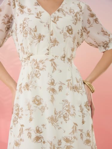 Latin Quarters Women's Off White Printed V-Neck Half Sleeves Casual Fit & Flare Dress_M