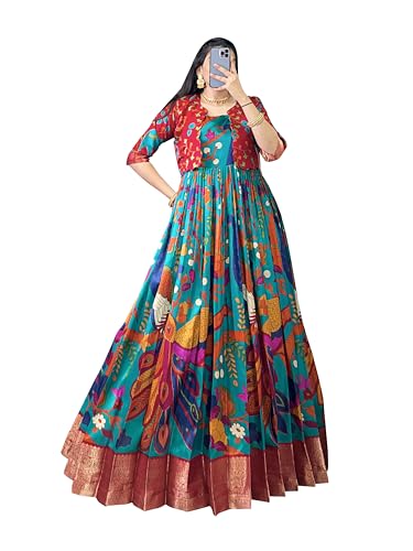 Yana fab Traditional Kalamkari Print Gown with Weaving Work (Firozi)