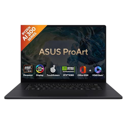 ASUS ProArt P16 OLED (2025), AMD Ryzen AI 9 HX 370, RTX 5080-16GB,64GB RAM, 2TB SSD, 16"/40.64cm Touchscreen, 4K, 120Hz,Windows 11,M365 Basic (1Year)*/Office 2024, Nano Black, 1.95Kg,H7606WW-SE023WS
