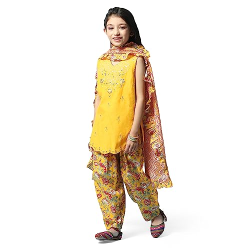 BIBA Girl Printed Polyester A_Line Kid(Kw5123_Yellow_9), Kurta Dhoti Suit Set