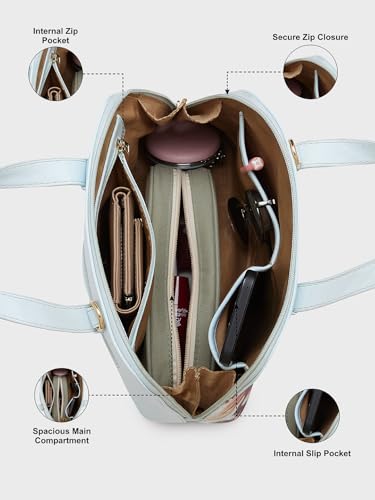 Caprese Alaya Medium Satchel Bag for Women | Stylish Floral Print Faux Leather Shoulder Bag with Multiple Compartments & Comfortable Handles | Perfect for Work, Travel, and Everyday Use (Blue)