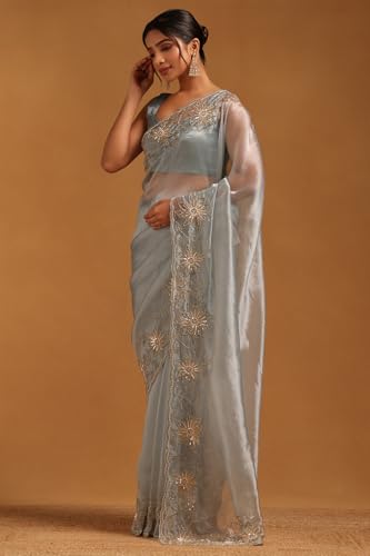 Soch Womens Blue Organza Floral Saree With Cutdana