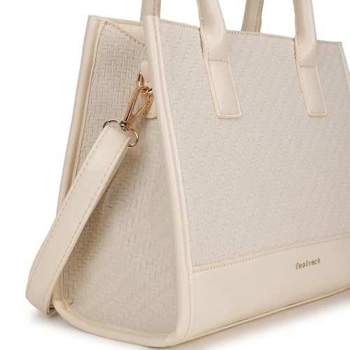 Fastrack Lattice White Satchel Bag | Faux Leather Weave Design | Triple Compartment Satchel with Center Zip Pocket & Organizer Pockets | Dual Carry Handles & Detachable Adjustable Strap