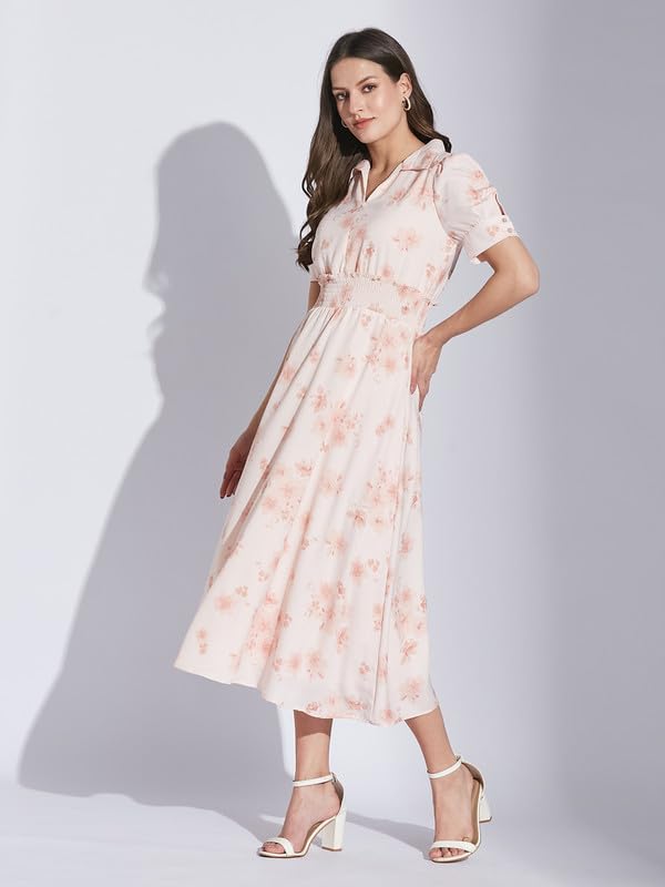 Latin Quarters Women Pink Shirt Collar Half Sleeve Floral Dress_M