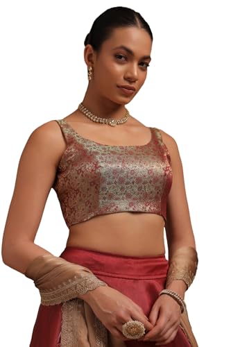 Soch Women's Tissue Floral Sleeveless Regular Fit Blouse (BLSLJQD00733_Olive 40)