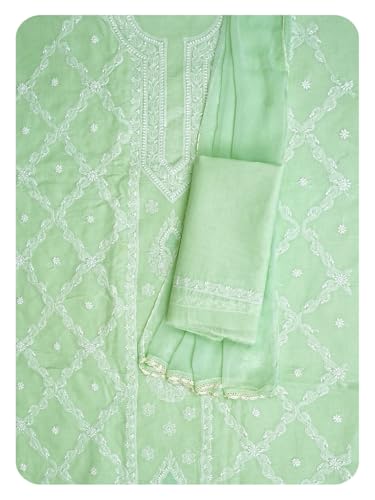 Ada Hand Embroidered Lucknowi Chikankari Unstitched Cotton Dress Material Suit Piece with Dupatta for Women 01A869347 Light Green