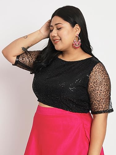 studio rasa Women's Plus Size Net Sequin Embroidered Sheer Sleeves Readymade Saree Blouse for Wedding Festive Party (TPWPC223PS15-5XL_BL_Black_5XL)