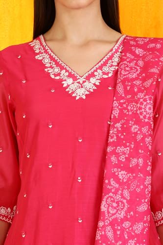 W for Woman Pink Embroidered Chanderi Panelled Kurta, Cropped Pants and Dupatta Set (Size: M)-WS12729-223576