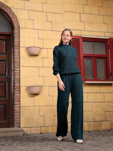 Kvetoo Woolen High Neck Sweater with Pajama Tracksuit for Women Winter Wear Co-ord Set Teal Size L