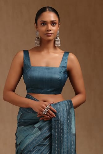 Soch Womens Teal Blue Chanderi Geometric Print Saree With Thread Work