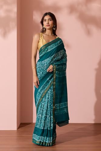 Taneira Women Green Ujjain Pure Silk Cotton Batik Saree with Unstitched Blouse Piece (SAPP01AA4695-Green)