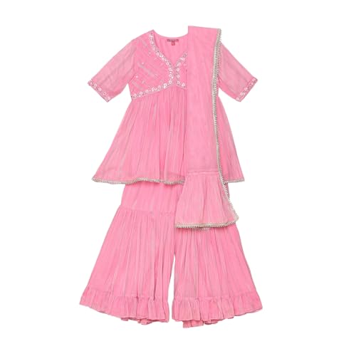 BIBA Girl's Pink Polyester Blend Gathered Kurta Set