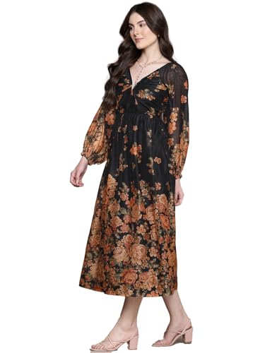 Label RITU KUMAR V Neck Full Sleeves Printed Long Dress Black