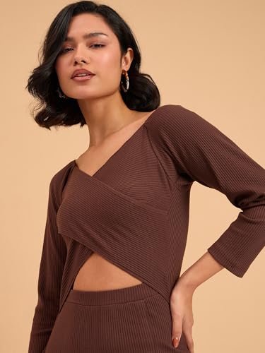 barcino Brown Rib Side Slit Wrap Neck Cut-Out Midi Dress