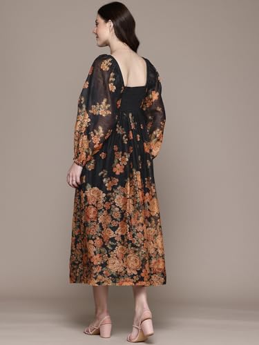 Label RITU KUMAR V Neck Full Sleeves Printed Long Dress Black
