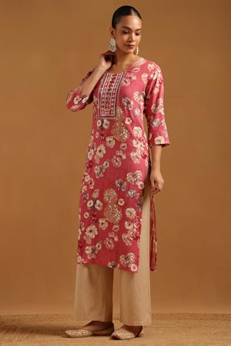 Soch Womens Pink Rayon Floral Print Kurta with Mirror Work